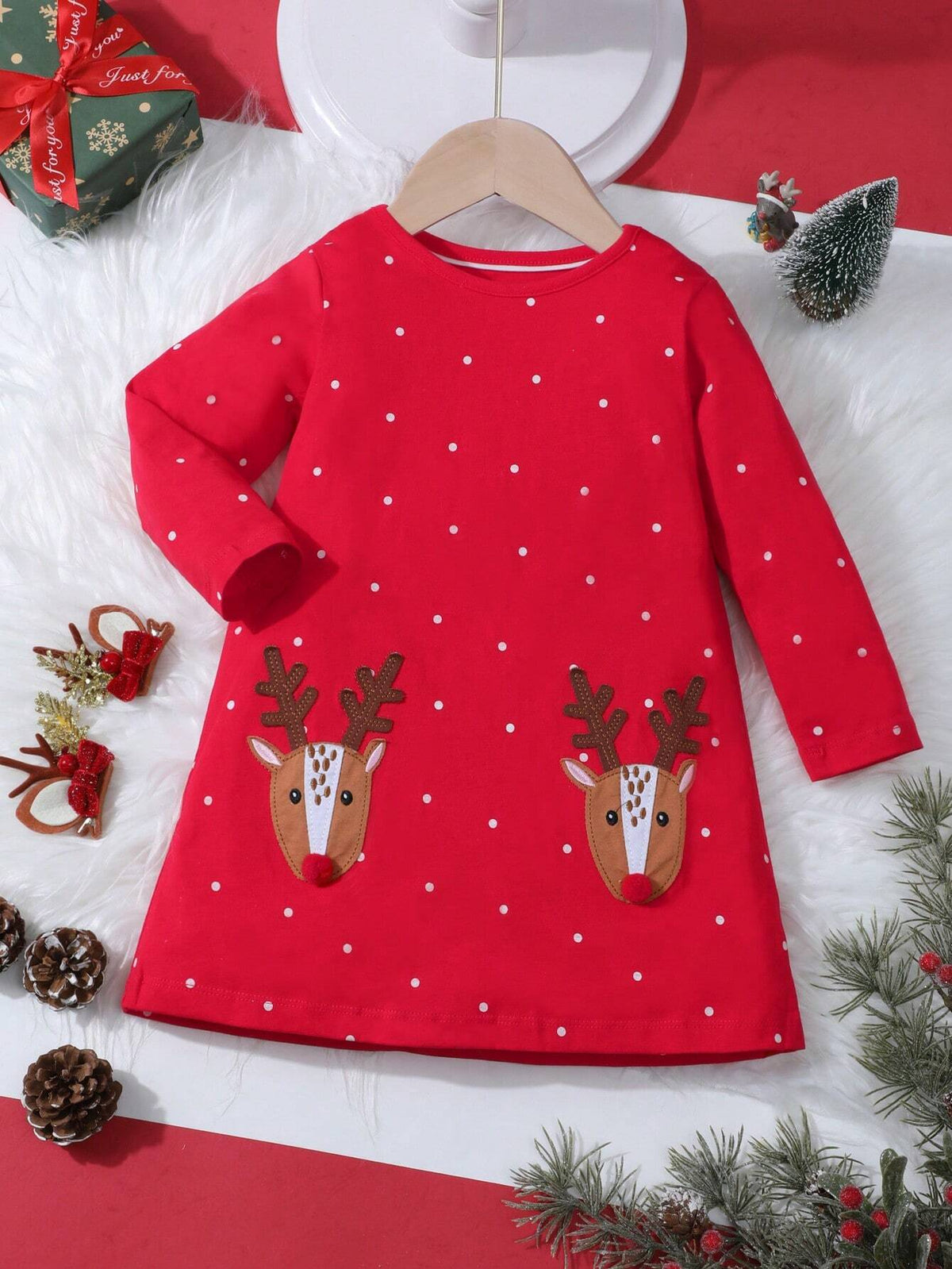 Young Girls Christmas Retro Cotton Long Sleeve Dress, European And American Fashion Cartoon Reindeer Animal Pattern, Suitable For Autumn/Winter