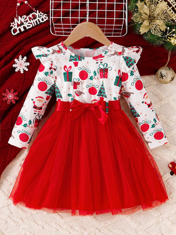 Young Girl's Christmas Ruffle Snow Man & Snow Flake Print Mesh Patchwork Dress With Belt