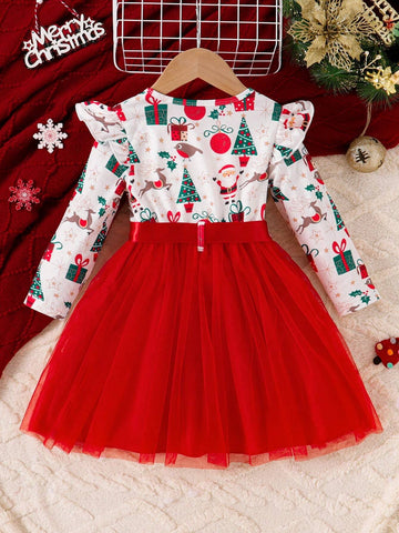 Young Girl's Christmas Ruffle Snow Man & Snow Flake Print Mesh Patchwork Dress With Belt