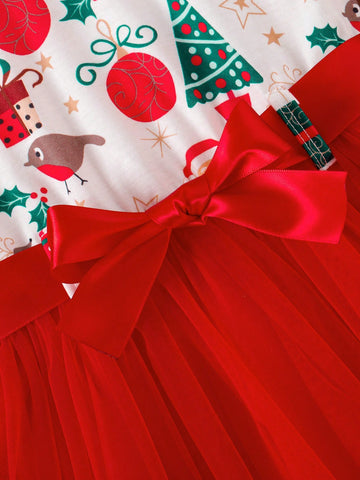 Young Girl's Christmas Ruffle Snow Man & Snow Flake Print Mesh Patchwork Dress With Belt