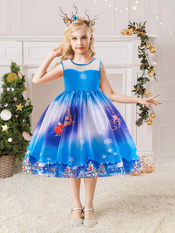 Young Girls' Christmas Santa Claus & Reindeer Pattern Holiday Party Dress, Suitable For Celebrations