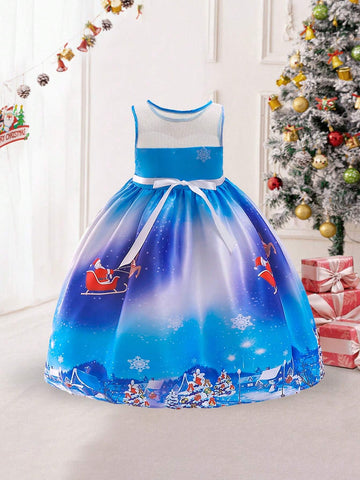 Young Girls' Christmas Santa Claus & Reindeer Pattern Holiday Party Dress, Suitable For Celebrations