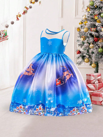 Young Girls' Christmas Santa Claus & Reindeer Pattern Holiday Party Dress, Suitable For Celebrations