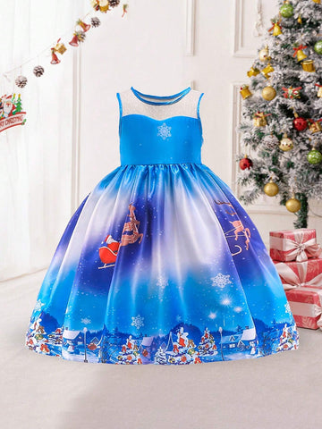 Young Girls' Christmas Santa Claus & Reindeer Pattern Holiday Party Dress, Suitable For Celebrations