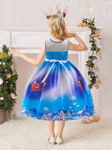 Young Girls' Christmas Santa Claus & Reindeer Pattern Holiday Party Dress, Suitable For Celebrations