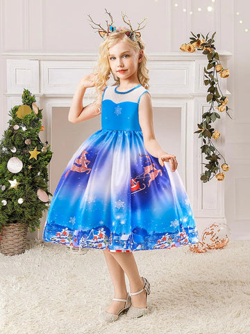 Young Girls' Christmas Santa Claus & Reindeer Pattern Holiday Party Dress, Suitable For Celebrations