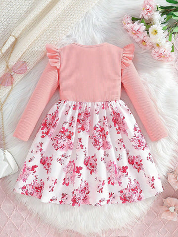 Young Girls Christmas Tree Print Crew Neck Long Sleeve Fitted A-Line Dress, Elastic Waist, For Spring/Autumn
