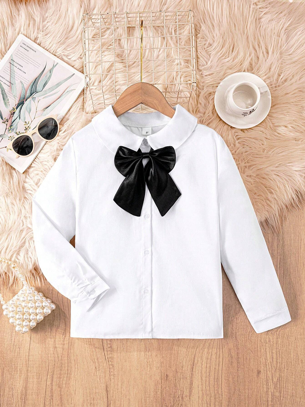Young Girls Classic Casual School Style White Blouse With Large Bow Collar, Long Sleeve Shirt, Suitable For Formal Events, Gatherings, And Performances