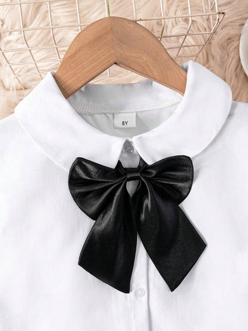 Young Girls Classic Casual School Style White Blouse With Large Bow Collar, Long Sleeve Shirt, Suitable For Formal Events, Gatherings, And Performances