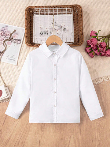 Young Girls Classic Elegant Button Down White Long Sleeve Blouse, Suitable For Formal Events, Parties, Performances And Ceremonies