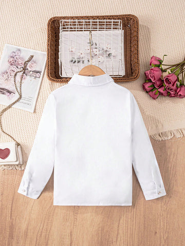 Young Girls Classic Elegant Button Down White Long Sleeve Blouse, Suitable For Formal Events, Parties, Performances And Ceremonies