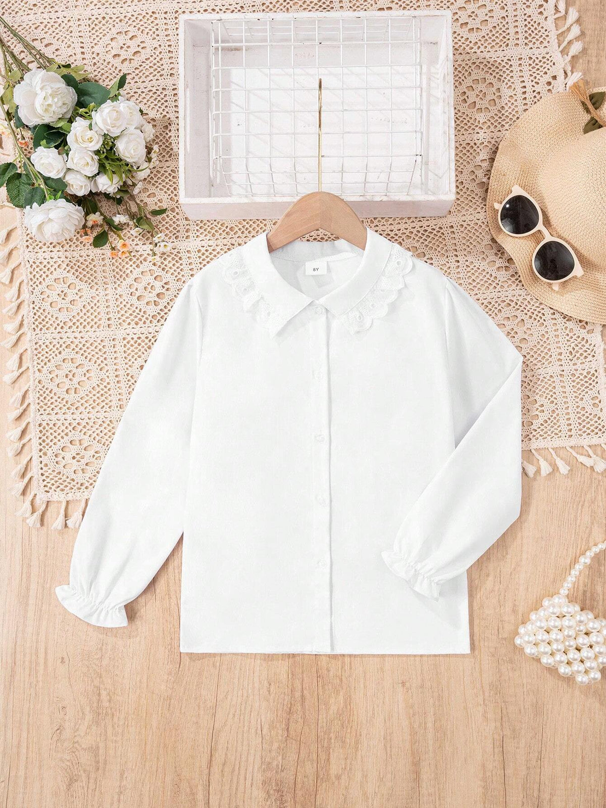 Young Girls Classic Versatile Casual Campus Style Flounced Collar White Long Sleeve Shirt Dress, Suitable For Party, Performance And Formal Events