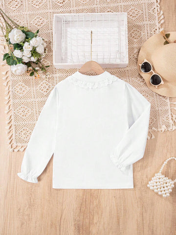 Young Girls Classic Versatile Casual Campus Style Flounced Collar White Long Sleeve Shirt Dress, Suitable For Party, Performance And Formal Events