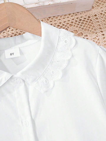 Young Girls Classic Versatile Casual Campus Style Flounced Collar White Long Sleeve Shirt Dress, Suitable For Party, Performance And Formal Events