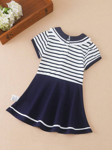 Young Girls' College Style Short Sleeve Bear Embroidery Dress For Summer