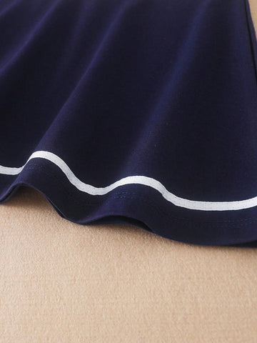 Young Girls' College Style Short Sleeve Bear Embroidery Dress For Summer