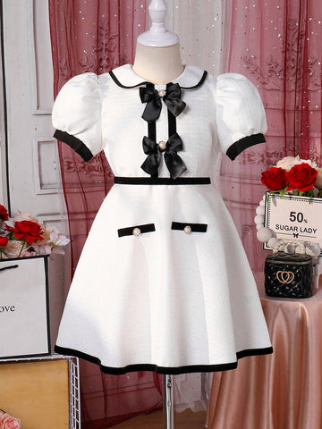 Young Girls' Color-Block Dress With Bow Decoration, Peter Pan Collar And Puff Sleeves
