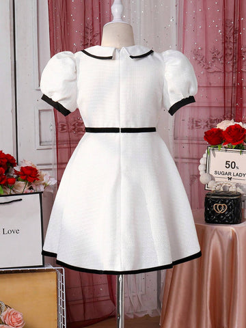 Young Girls' Color-Block Dress With Bow Decoration, Peter Pan Collar And Puff Sleeves