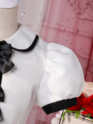 Young Girls' Color-Block Dress With Bow Decoration, Peter Pan Collar And Puff Sleeves