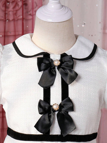 Young Girls' Color-Block Dress With Bow Decoration, Peter Pan Collar And Puff Sleeves