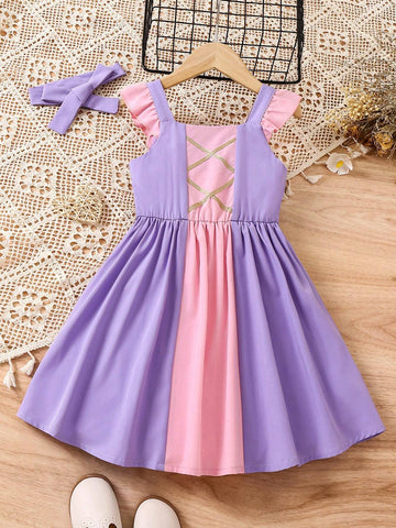 Young Girl's Color-Block Pleated Princess Dress