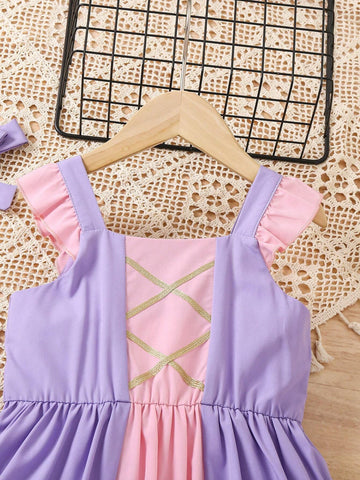 Young Girl's Color-Block Pleated Princess Dress