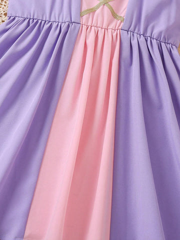 Young Girl's Color-Block Pleated Princess Dress