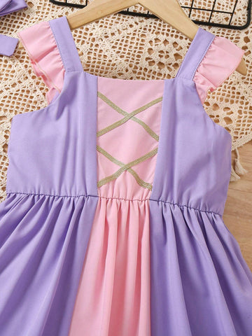 Young Girl's Color-Block Pleated Princess Dress