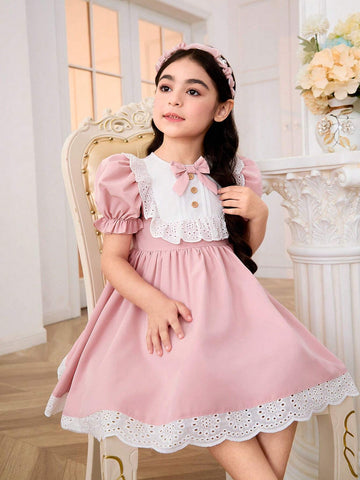 Young Girl's Color-Block Woven Puff Sleeve Casual Dress With Ruffled Hem And Big Bow Tie Accent