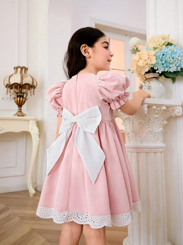 Young Girl's Color-Block Woven Puff Sleeve Casual Dress With Ruffled Hem And Big Bow Tie Accent