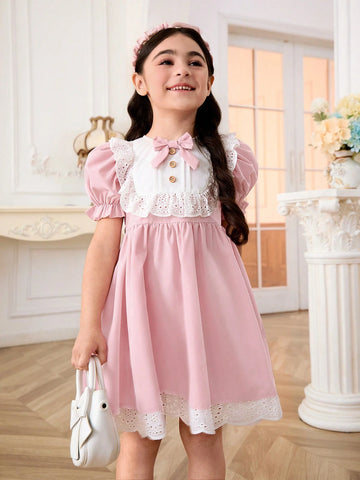 Young Girl's Color-Block Woven Puff Sleeve Casual Dress With Ruffled Hem And Big Bow Tie Accent