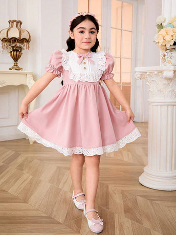 Young Girl's Color-Block Woven Puff Sleeve Casual Dress With Ruffled Hem And Big Bow Tie Accent