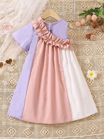 Young Girls' Color-Blocking Asymmetrical Ruffle Hem Dress For Summer