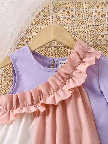 Young Girls' Color-Blocking Asymmetrical Ruffle Hem Dress For Summer