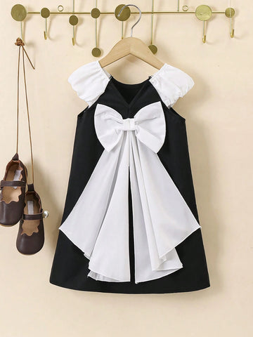 Young Girls' Color Block Back Bow Design Dress