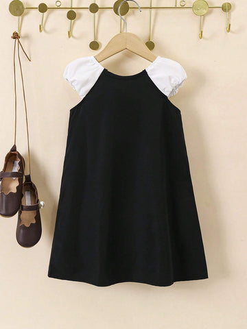 Young Girls' Color Block Back Bow Design Dress