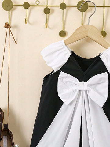 Young Girls' Color Block Back Bow Design Dress
