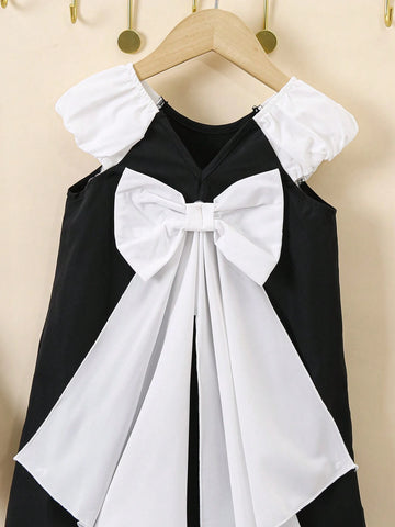 Young Girls' Color Block Back Bow Design Dress