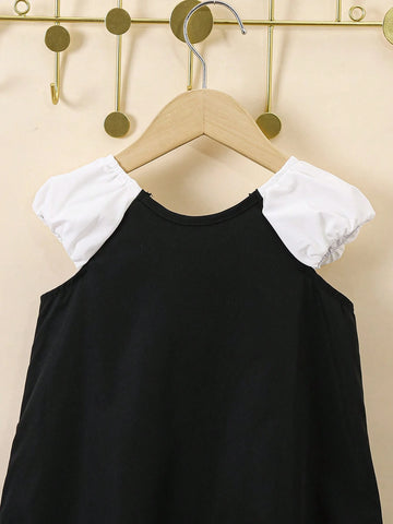 Young Girls' Color Block Back Bow Design Dress