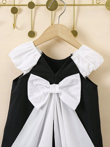 Young Girls' Color Block Back Bow Design Dress