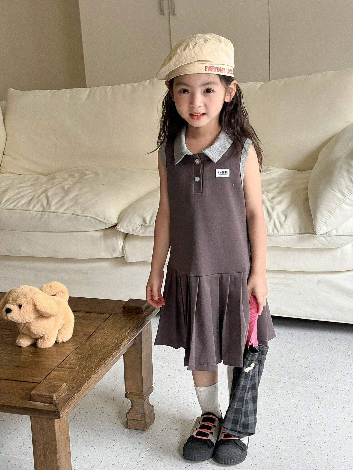 Young Girls Color Block Collared Knit Pleated Sleeveless Sporty Dress, Summer