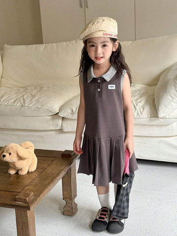 Young Girls Color Block Collared Knit Pleated Sleeveless Sporty Dress, Summer