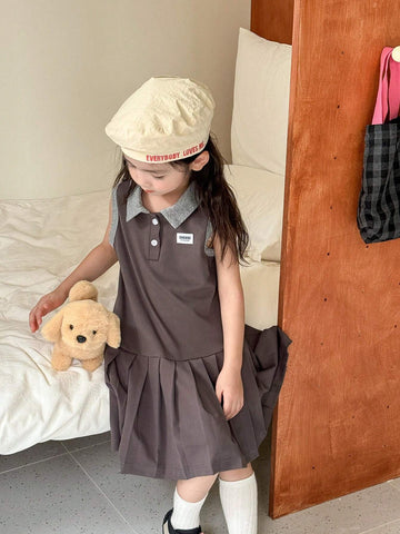 Young Girls Color Block Collared Knit Pleated Sleeveless Sporty Dress, Summer