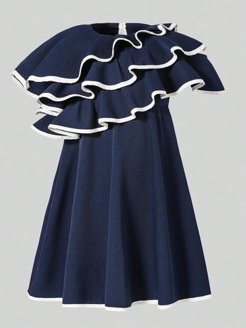 Young Girls' Color Block Dress With Back Bow Design