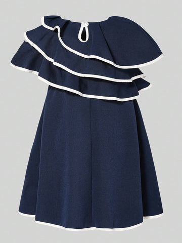 Young Girls' Color Block Dress With Back Bow Design