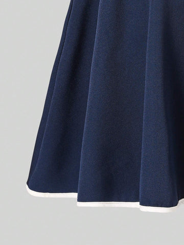 Young Girls' Color Block Dress With Back Bow Design
