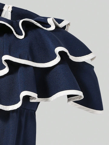 Young Girls' Color Block Dress With Back Bow Design