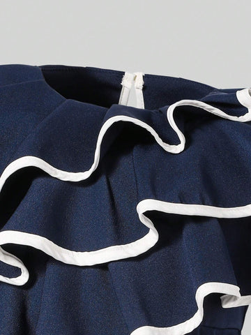 Young Girls' Color Block Dress With Back Bow Design