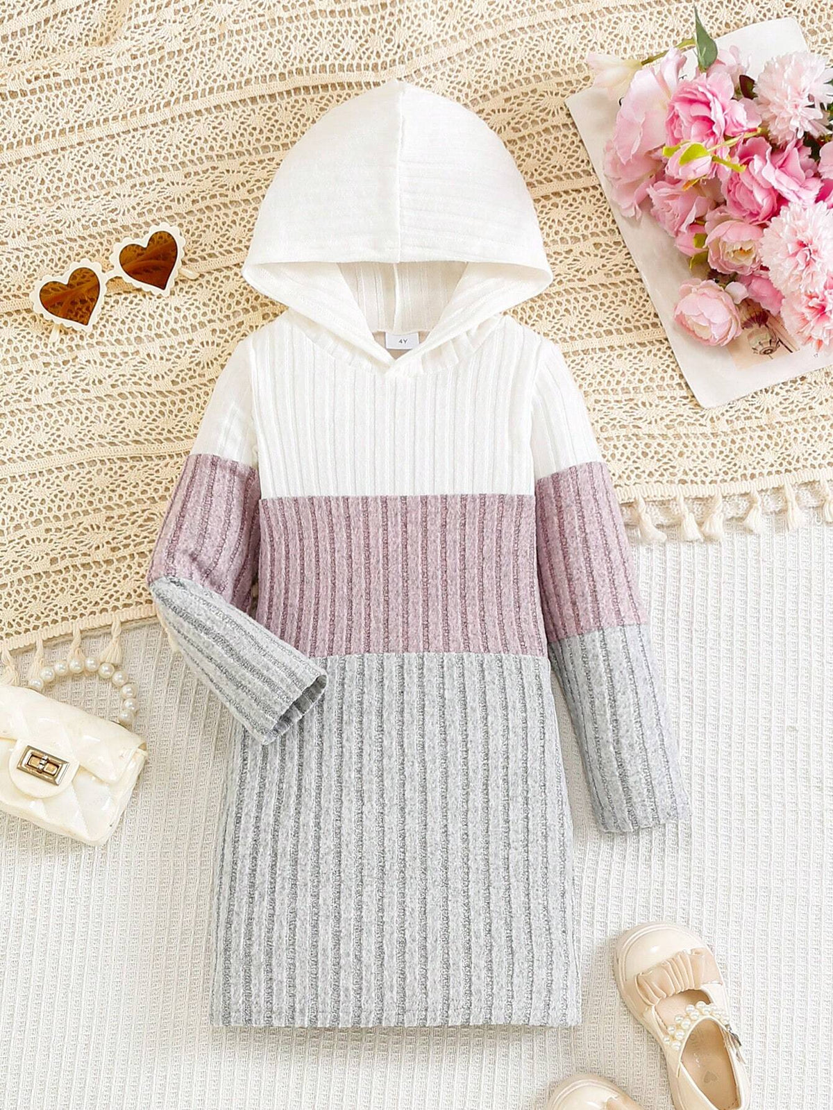 Young Girls Color Block Long Sleeve Hooded Knit Dress, Warm And Stylish, College Style, Autumn/Winter