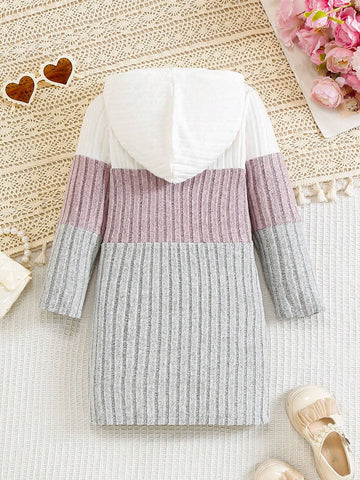 Young Girls Color Block Long Sleeve Hooded Knit Dress, Warm And Stylish, College Style, Autumn/Winter